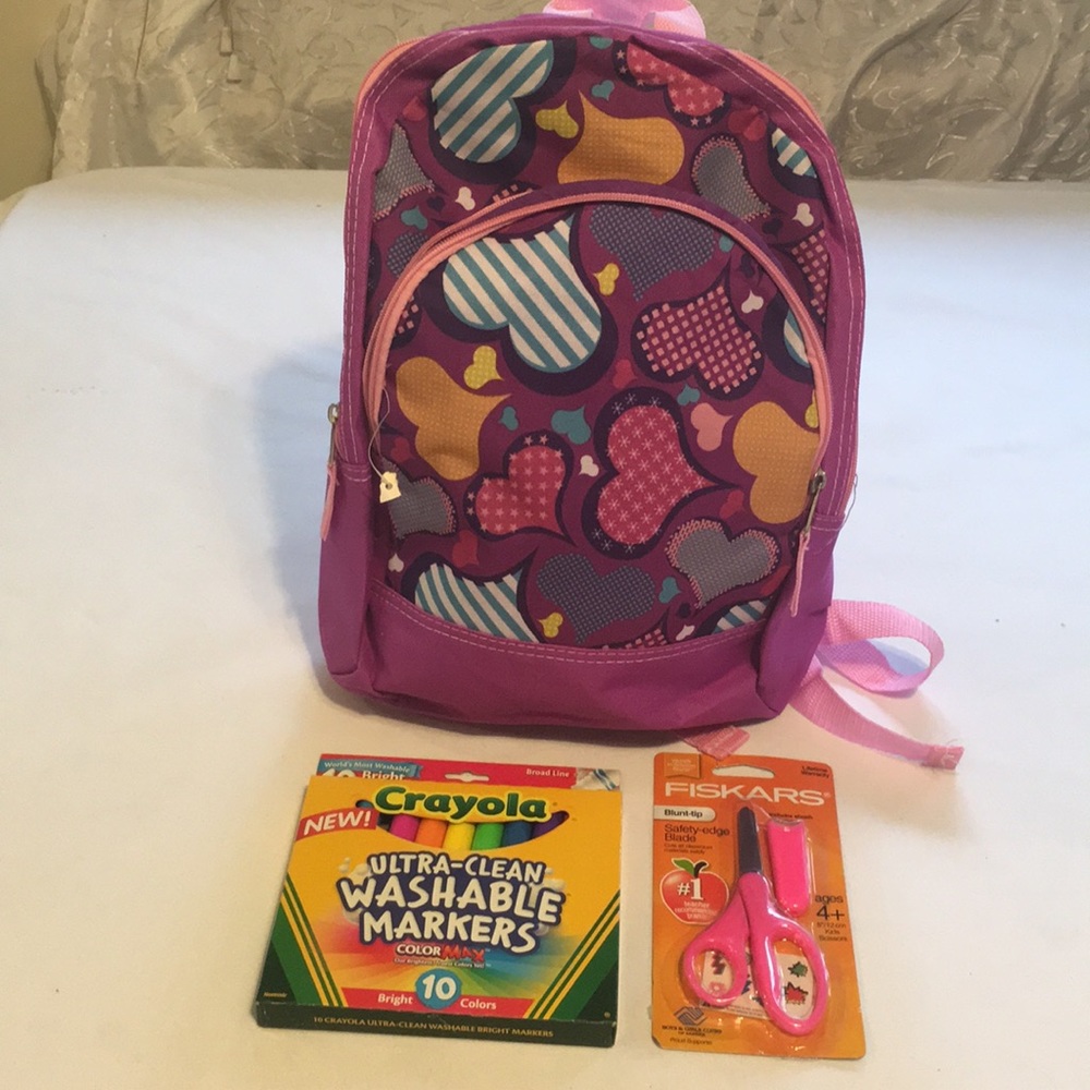 Backpack Pink hearts Girl’s back To School With Markers, scissors & 2 extras NEW - Picture 2 of 4